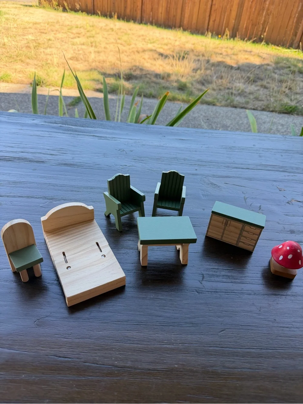 Wooden Kids Dollhouse Furniture Set in Green and Natural